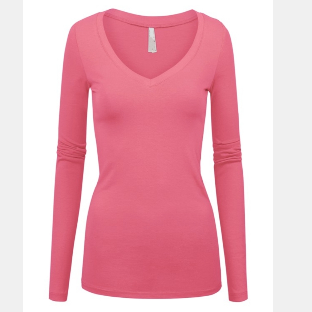 Pink long sleeve vneck solid lowcut tee shirt top